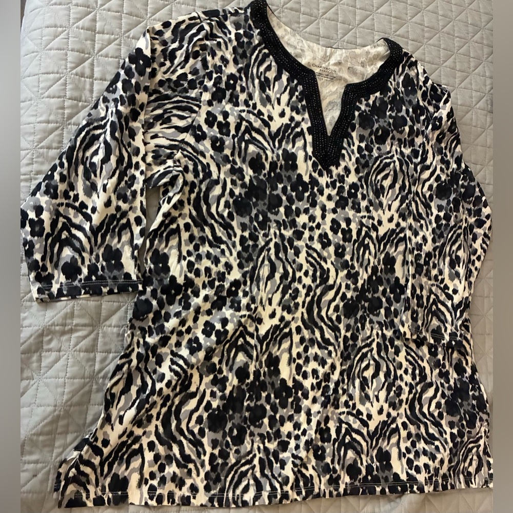 Charter Club Woman Size 2X Shirt Zebra Leopard Black Trim NEW Long-Sleeves!